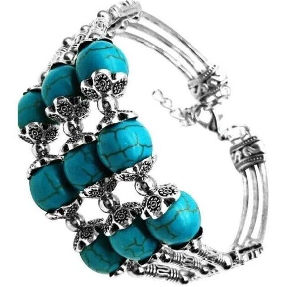 Women Turquoise Bead Bracelet 3-Ply Tibetan Silver Wrap‎ Cuff.       SKD4 - Picture 5 of 5